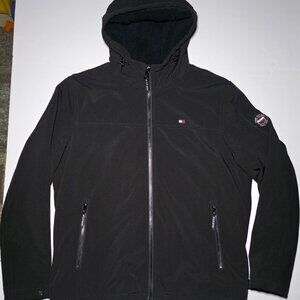 Tommy Hilfiger Mens Black Full Zippered Winter Coat with Drawstrings Size Large